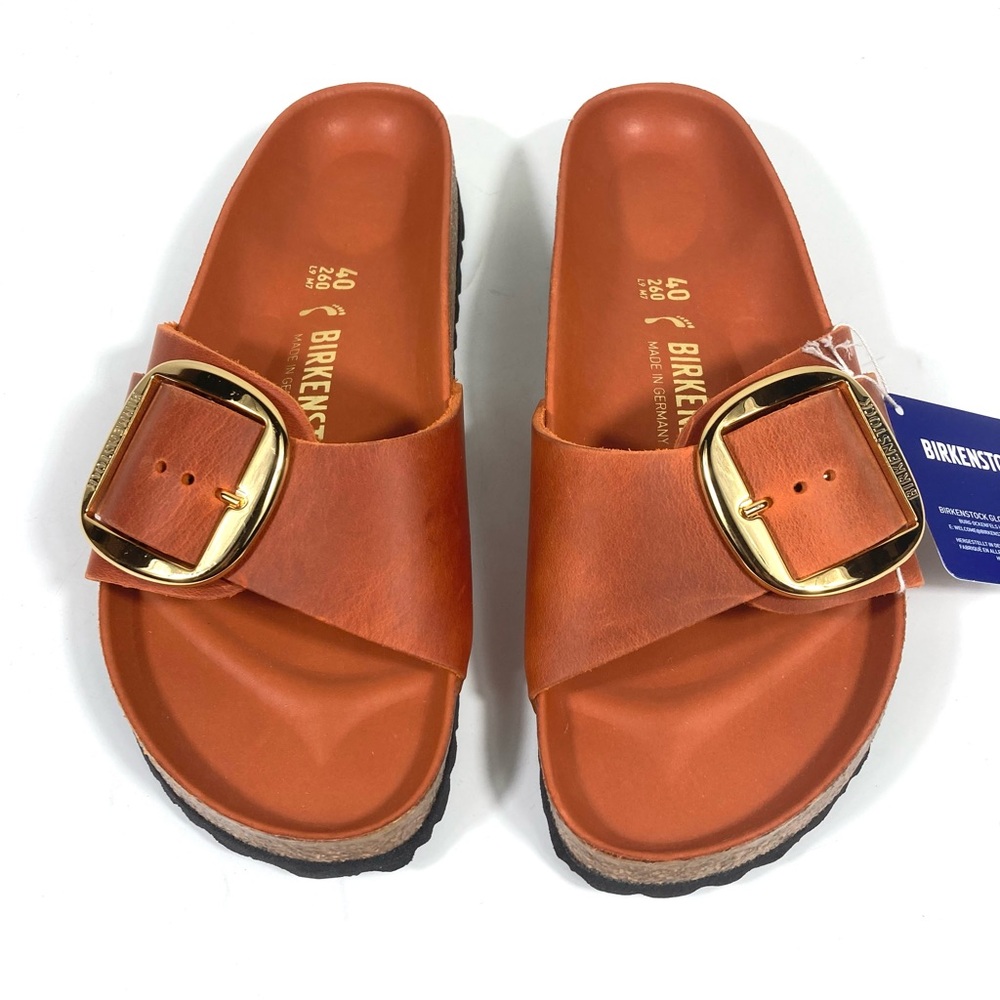 Birkenstock Madrid Big Buckle Slide Sandals Oiled Leather Burnt Orange NEW - Picture 15 of 17